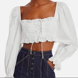 NWT For Love & Lemons White Lace-Up Corset Crop Top Puff Sleeve Blouse Size S